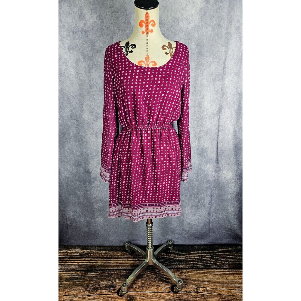 Rue21 Womens L (Fits M) Flared Long Sleeve Geometric Dress Lined Scoop Neck Red